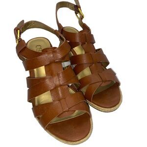 Chaps Dallyn Sz 7.5 Brown Faux Leather Open Toe Ankle Strap Wedge Sandals Shoes